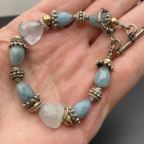 Sterling Silver & Vermeil Toggle Bracelet Blue Chalcedony Beads 6.5" 25.99g - Picture 9 of 12